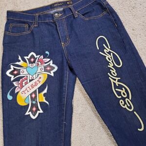 Ed Hardy Jeans Pants Women 12 Dark Wash Denim Cross Missy Tattoo‎ Y2K Crop Capri